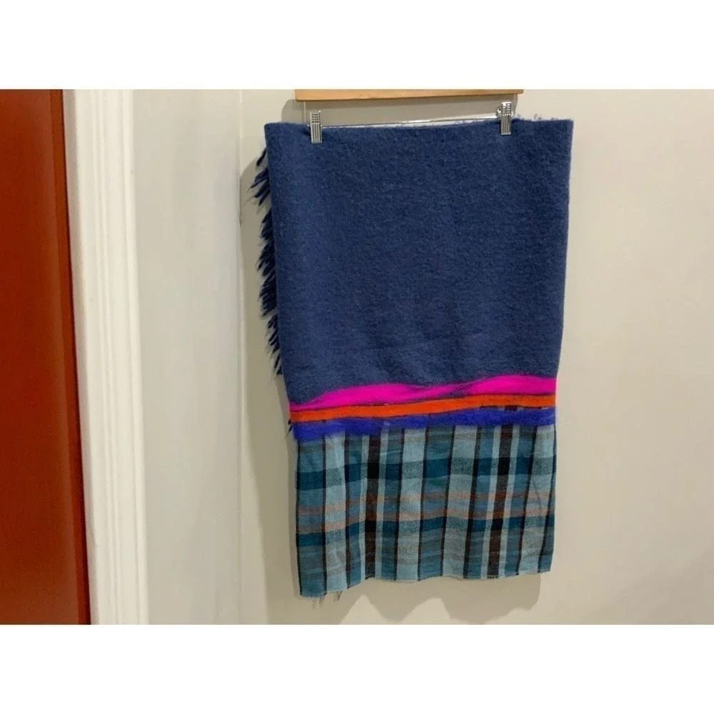 Made in Italy Mixed Media Wool Blanket Blue Neon Pink Orange Fringe Wrap Style